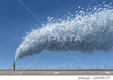 Person on Rooftop Shouting Into Wind with Flowing Papers in a Cityscape Background 126495177