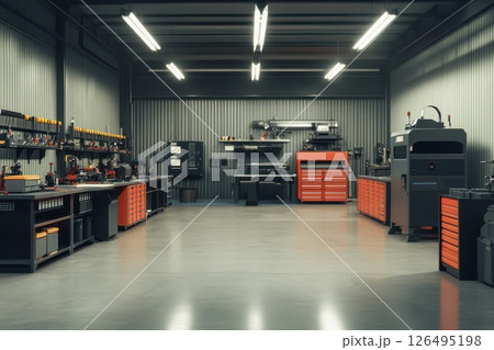 A large, empty workshop with a lot of tools and equipment 126495198