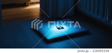 A laptop with a blue screen and a lock icon on it A laptop with a blue screen and a lock icon on it 126495204