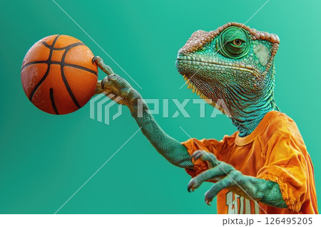 Vibrant Photorealistic Portrait of a Chameleon Playing Basketball in Dynamic Color Palette Vibrant Photorealistic Portrait of a Chameleon Playing Basketball in Dynamic Color Palette 126495205