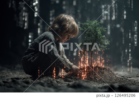 Child Planting Small Tree with Glowing Leaves in Mystical Environment Child Planting Small Tree with Glowing Leaves in Mystical Environment 126495206