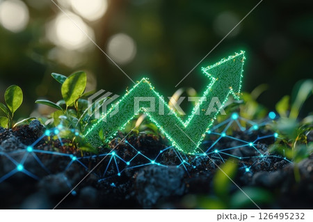 Luminous Green Arrow Splitting Through Shattered Stones with Vibrant Nature Background Luminous Green Arrow Splitting Through Shattered Stones with Vibrant Nature Background 126495232