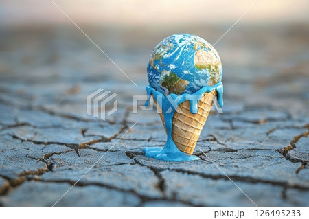 A blue ice cream cone with a blue drizzle on top, global warming climate 126495233