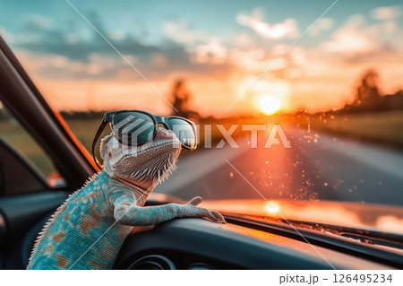 Chill Out with a Stylish Chameleon Wearing Oversized Sunglasses at Sunset Chill Out with a Stylish Chameleon Wearing Oversized Sunglasses at Sunset 126495234