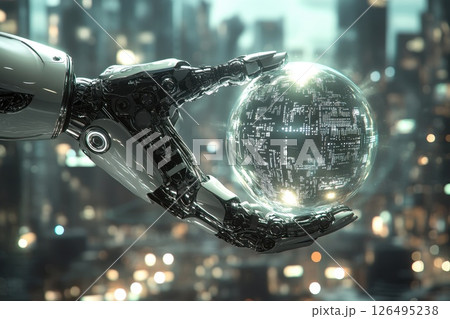 Futuristic Robot Hand Holding Floating Digital Globe in Neon Cityscape Background Futuristic Robot Hand Holding Floating Digital Globe in Neon Cityscape Background 126495238