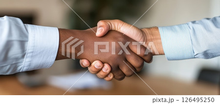 Diverse Hands Shaking Over Desk in Office Setting 126495250