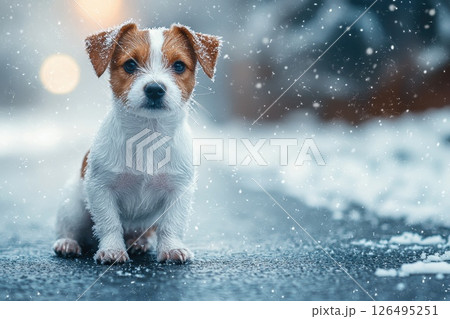A small white and brown dog is sitting on a sidewalk in the snow 126495251
