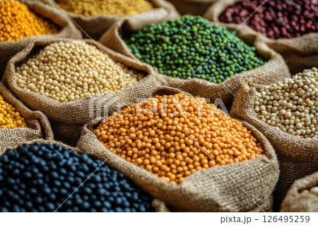 A variety of beans are displayed in different colored bags A variety of beans are displayed in different colored bags 126495259