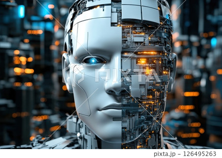 Futuristic Digital Face Disintegrating into Pixels in a High-Tech Environment 126495263