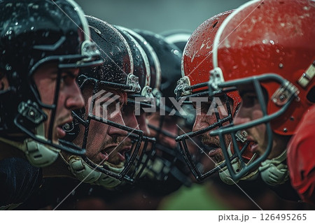 Professional American Football Teams Ready at the Line of Scrimmage Under Dramatic Stadium Lighting Professional American Football Teams Ready at the Line of Scrimmage Under Dramatic Stadium Lighting 126495265
