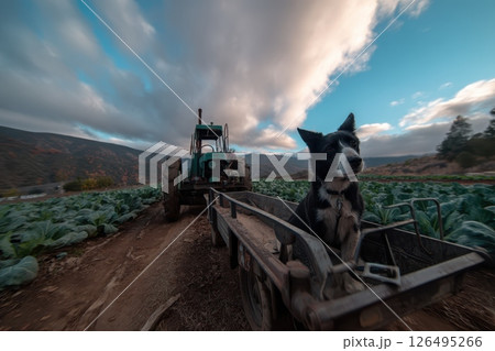 Vintage Rusty Tractor Towing Metal Trailer Through Scenic Landscape with Dog on Board Vintage Rusty Tractor Towing Metal Trailer Through Scenic Landscape with Dog on Board 126495266