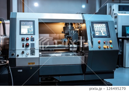 High-Tech Lathe Machine Operating in Modern Workshop with Advanced Control Panel High-Tech Lathe Machine Operating in Modern Workshop with Advanced Control Panel 126495270