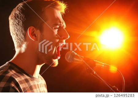 Passionate Speaker in Profile Shot with Bright Light and Intense Expression During Performance 126495283