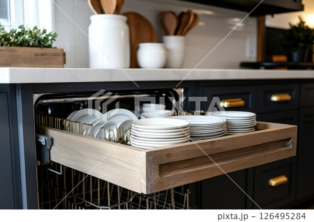 A kitchen with a dishwasher and a wooden tray full of plates A kitchen with a dishwasher and a wooden tray full of plates 126495284