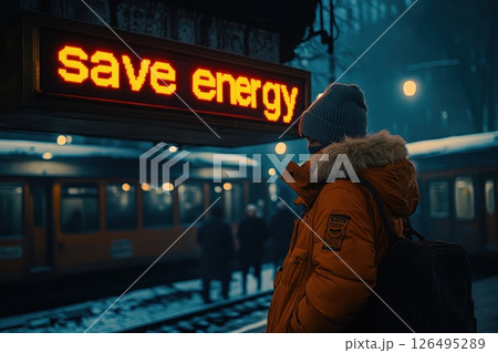 Person in Winter Jacket Looks Up at Digital Screen Reminder in Busy Subway Station 126495289