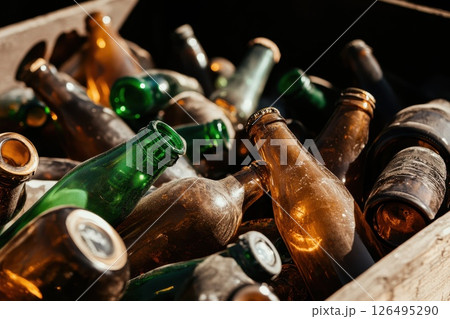 Beautiful Recycled Glass Bottles in Wooden Crate 126495290