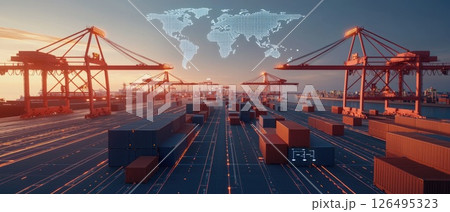 Modern Shipping Yard with Digital World Map Overlay Modern Shipping Yard with Digital World Map Overlay 126495323