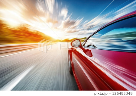 Fast Moving Car in Motion Blur on Empty Road 126495349