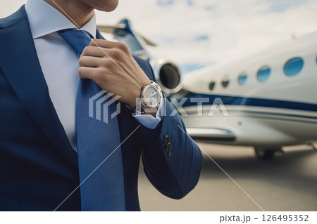 Stylish Chauffeur Adjusting His Tie Beside a Private Jet on a Sunny Day 126495352