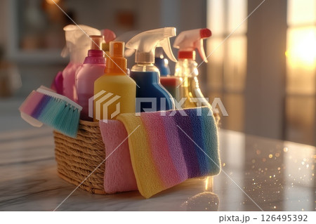 Colorful Cleaning Supplies Displayed in a Caddy with Sunkissed Background Colorful Cleaning Supplies Displayed in a Caddy with Sunkissed Background 126495392