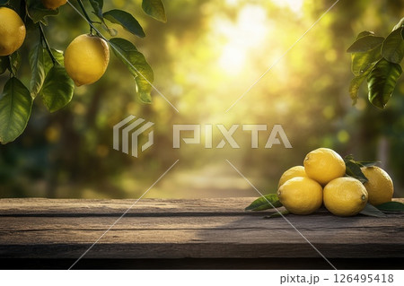 A bunch of lemons are sitting on a wooden table 126495418