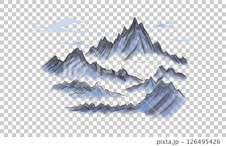 blue mountain landscape with mist and clouds, in traditional Chinese or Japanese ink wash painting style, on white background, mountain landscape 126495426