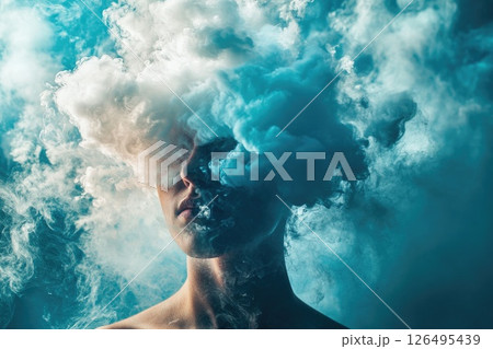 A person's face is obscured by a cloud of smoke. Concept of confusion and disorientation 126495439