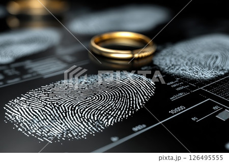 Sleek Background Showing Fingerprints with Gold Ring on Data Analysis Display Sleek Background Showing Fingerprints with Gold Ring on Data Analysis Display 126495555