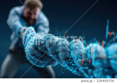 Manager Pulling Heavy Ropes Connected to Digital Charts in a Creative Business Concept Manager Pulling Heavy Ropes Connected to Digital Charts in a Creative Business Concept 126495556