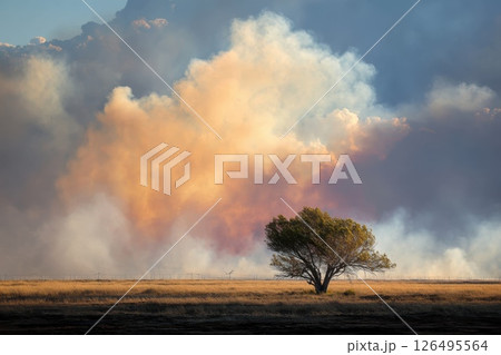 A solitary tree stands in a barren field amidst smoke and ash from a wildfire in nature A solitary tree stands in a barren field amidst smoke and ash from a wildfire in nature 126495564