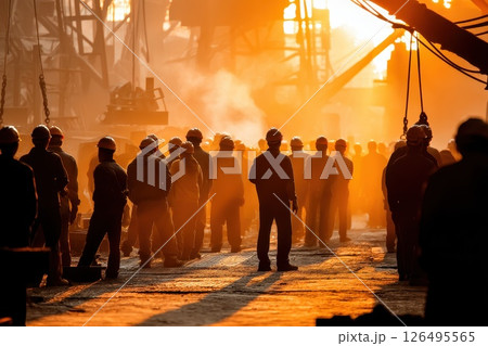 Diverse group of workers wearing safety helmets in industrial setting during sunset light Diverse group of workers wearing safety helmets in industrial setting during sunset light 126495565