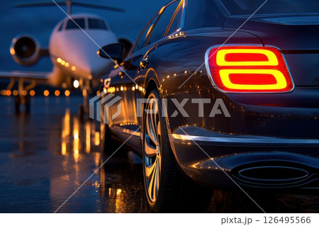 Luxurious Private Car Transfer Near Elite Airport at Twilight with Jet in Background Luxurious Private Car Transfer Near Elite Airport at Twilight with Jet in Background 126495566