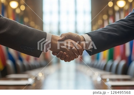 Two Business Leaders Shaking Hands at Conference Table in Professional Setting Two Business Leaders Shaking Hands at Conference Table in Professional Setting 126495568