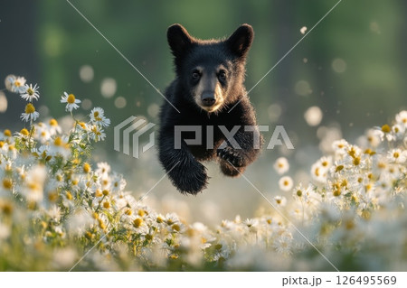 Playful Black Bear Cub Running Through a Flower-Filled Forest in Bright Natural Light 126495569