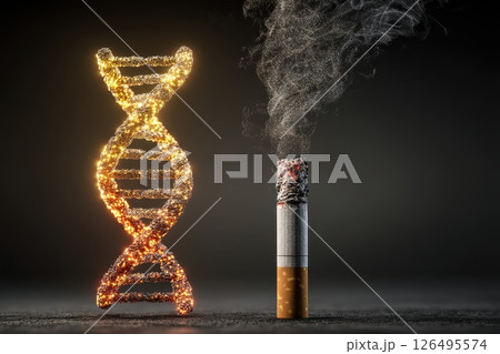 3D Abstract DNA Strand Glowing with Life Next to Burnt Cigarette Smoke Illustration 3D Abstract DNA Strand Glowing with Life Next to Burnt Cigarette Smoke Illustration 126495574