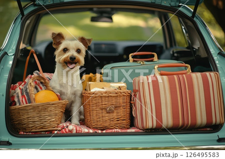Colorful Luggage and Pet Dog in a Trunk Ready for a Fun Road Trip Adventure 126495583