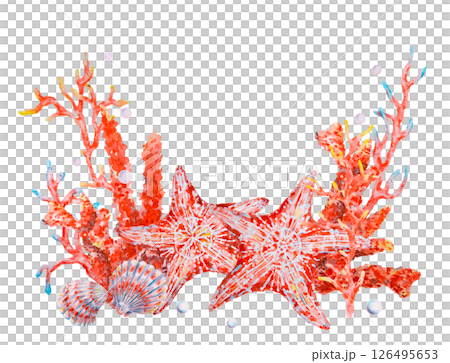 Watercolor composition with two red starfish, seashells and vibrant coral branches, ideal for marine-themed designs, summer invitations, underwater decorations, and ocean-related visuals. Watercolor composition with two red starfish, seashells and vibrant coral branches, ideal for marine-themed designs, summer invitations, underwater decorations, and ocean-related visuals. 126495653