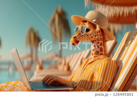 Giraffe in Tropical Shirt and Straw Hat Enjoying Day by the Pool with Laptop in Sun 126495801