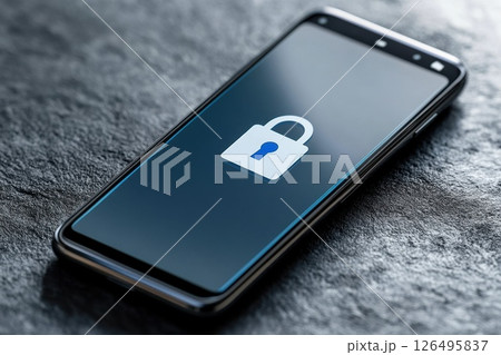 A phone with a blue lock icon on the screen, security and privacy 126495837