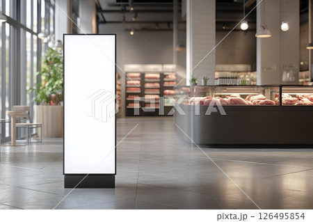 Empty Display Stand for Advertising in Modern Retail Store Interior with Fresh Products 126495854