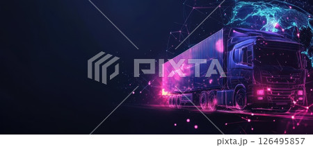 A truck is shown in a futuristic setting with a blue and purple background A truck is shown in a futuristic setting with a blue and purple background 126495857