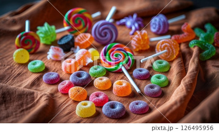 A colorful assortment of lollipops and candy on a table. The candy is in various shapes and colors, including green, red, and yellow. Scene is cheerful and playful 126495956
