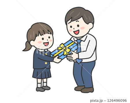 父の日に、父親にプレゼントを渡す、女の子（線画カラー）のイラスト 126496096