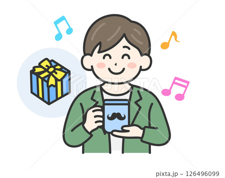 父の日に、マグカップをプレゼントされて喜ぶ、男性（線画カラー）のイラスト 126496099