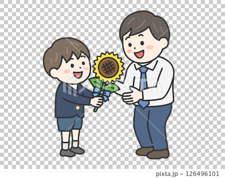 父親節當天,男孩(彩色線畫)送給父親一朵向日葵的插圖 父親節當天,男孩(彩色線畫)送給父親一朵向日葵的插圖 126496101