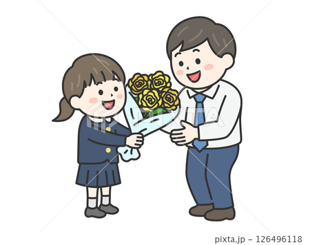 父の日に、父親に黄色の薔薇の花束を渡す、女の子（線画カラー）のイラスト 126496118