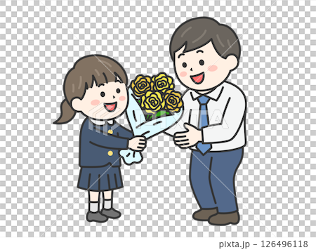 父の日に、父親に黄色の薔薇の花束を渡す、女の子（線画カラー）のイラスト 126496118