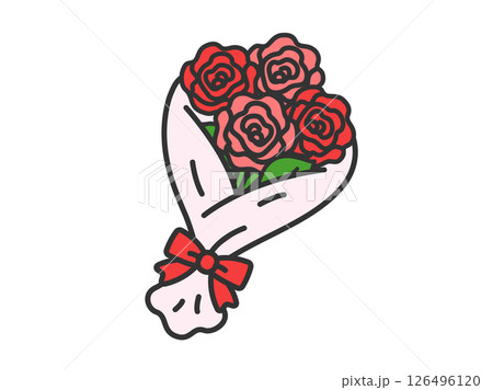 赤い薔薇の花束（線画カラー）のイラスト 126496120