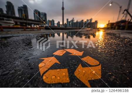 City Skyline Reflected in Puddle at Sunrise with Textural Elements and Recycle Symbol City Skyline Reflected in Puddle at Sunrise with Textural Elements and Recycle Symbol 126496186