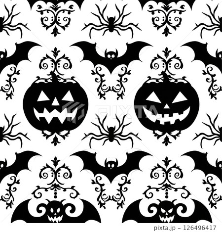 Spooky Halloween Pattern: Bats, Pumpkins, Spiders, and Victorian-Style Designs Spooky Halloween Pattern: Bats, Pumpkins, Spiders, and Victorian-Style Designs 126496417